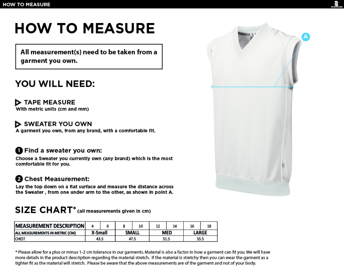 Concorde Blast Sleeveless Women's Cricket Sweater - Size Guide