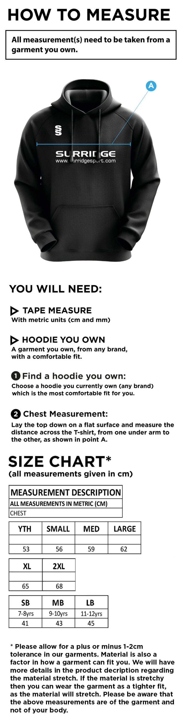 Concorde CC - Blade Hoody - Size Guide
