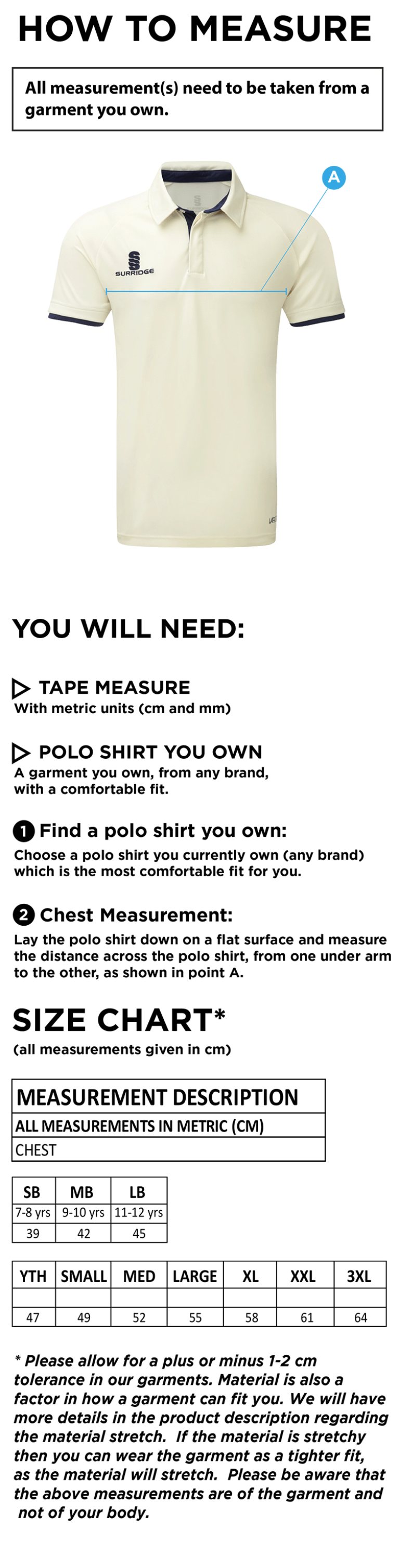 Concorde CC - Ergo Short Sleeved Shirt - Size Guide