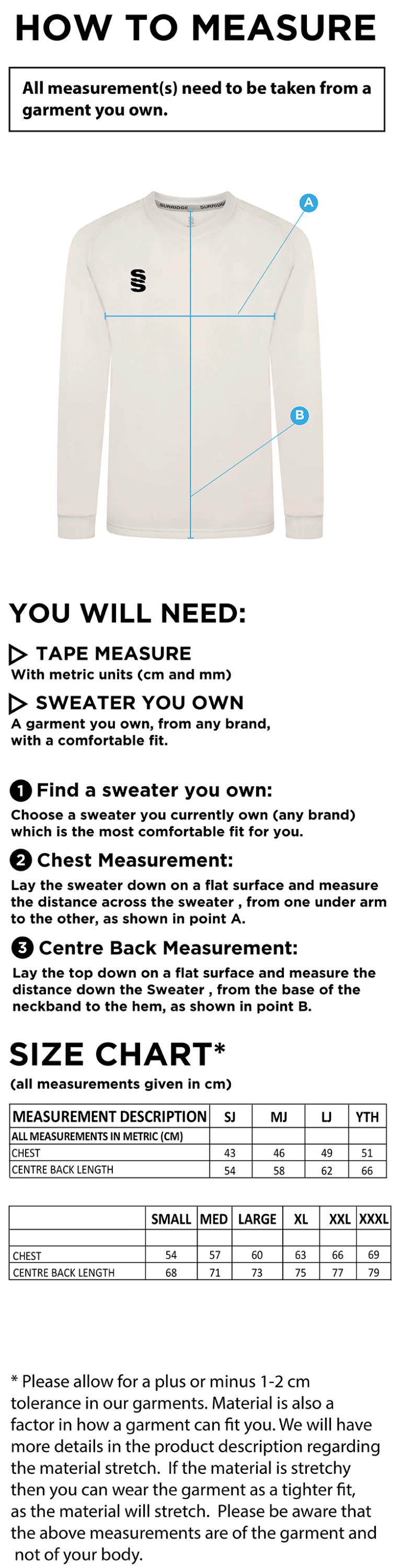 Concorde CC - Blast Long Sleeve Cricket Sweater - Size Guide