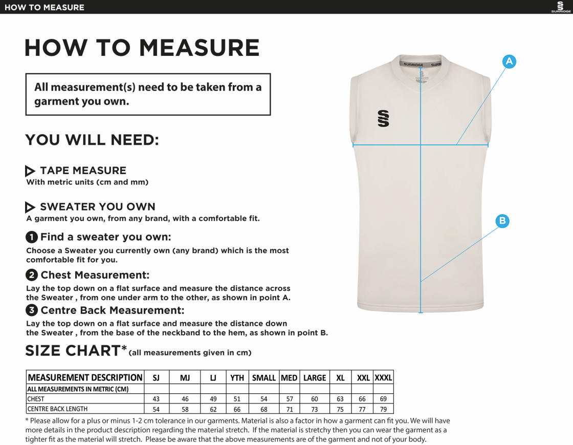 Concorde CC - Blast Sleeveless Cricket Sweater - Size Guide