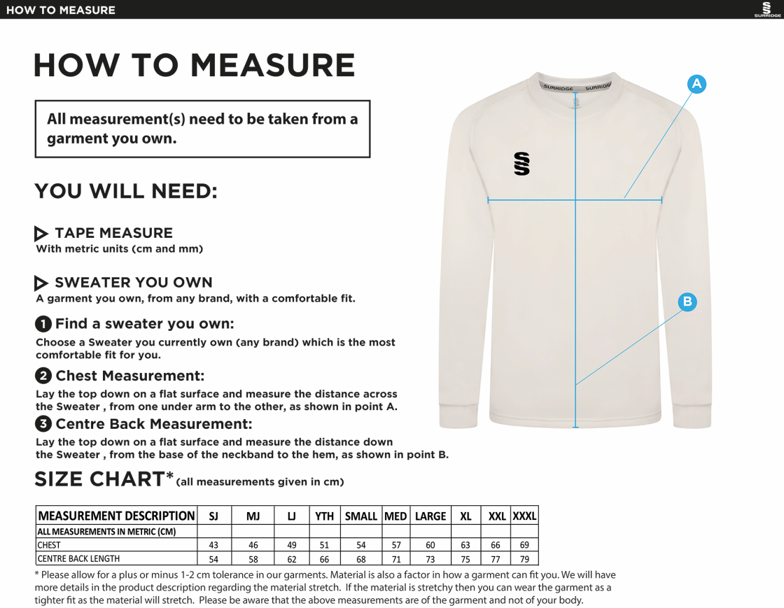 Concorde CC - Blast Long Sleeve Cricket Sweater - Size Guide