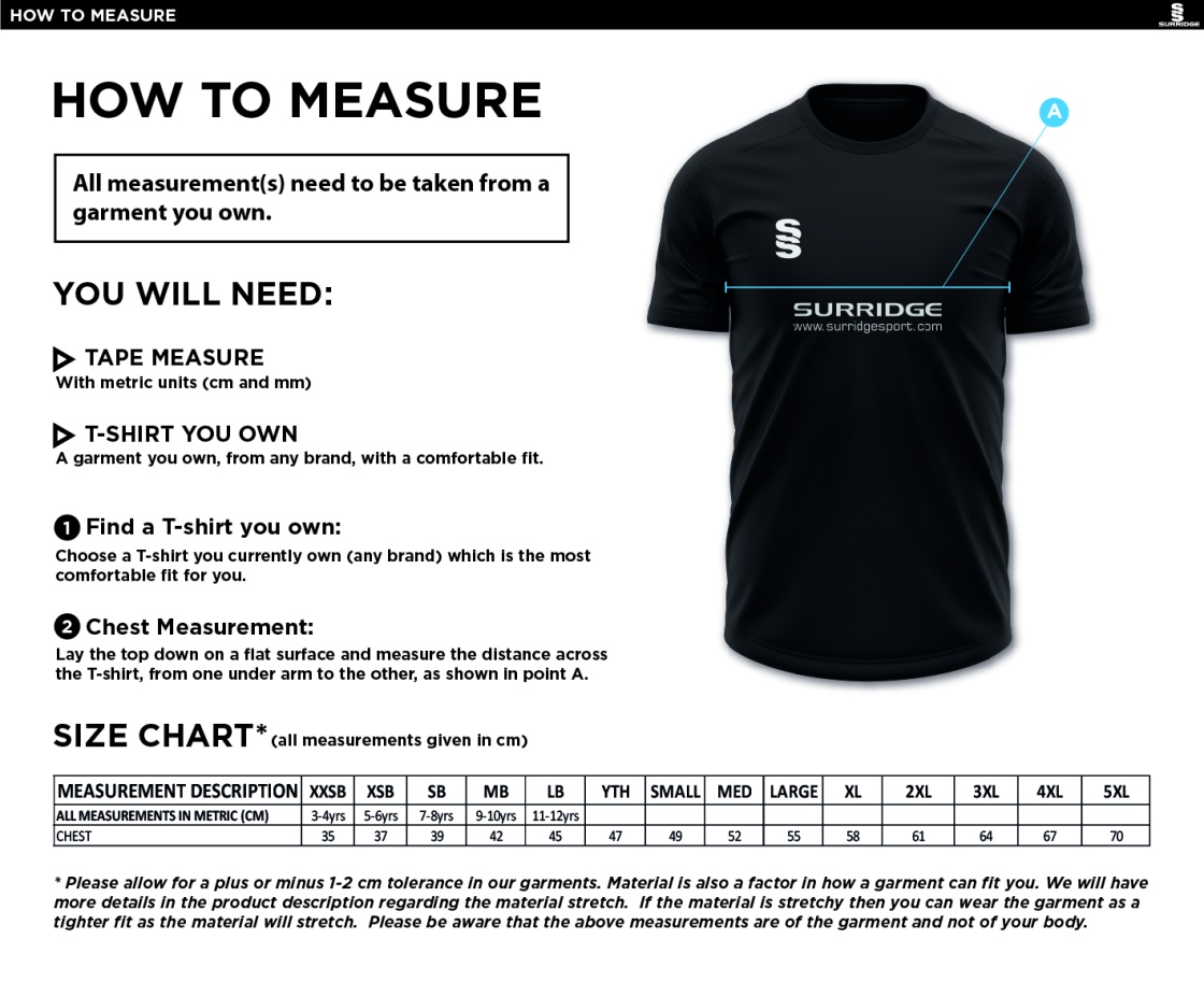 Concorde CC - Blade Training Shirt - Size Guide