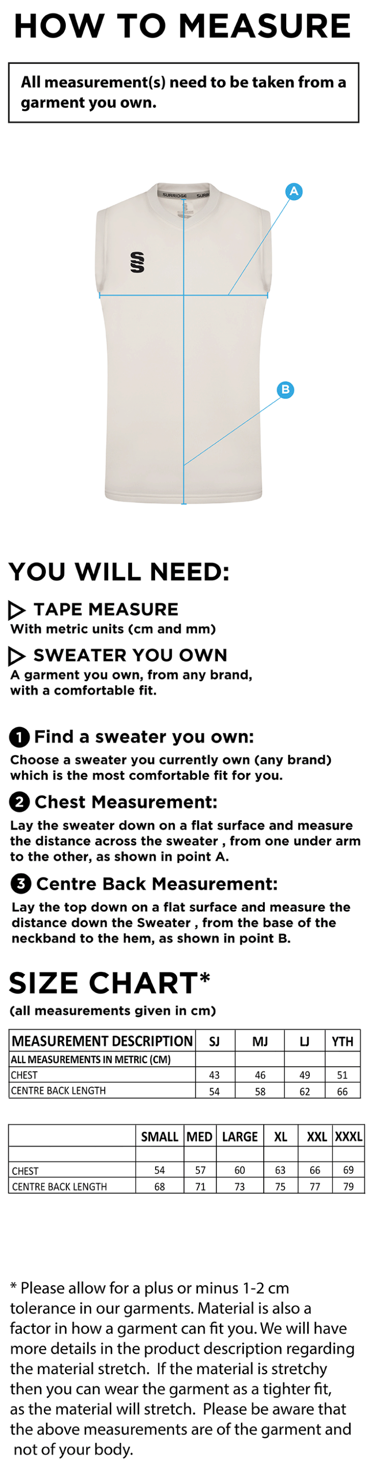 Concorde CC - Blast Sleeveless Cricket Sweater - Size Guide