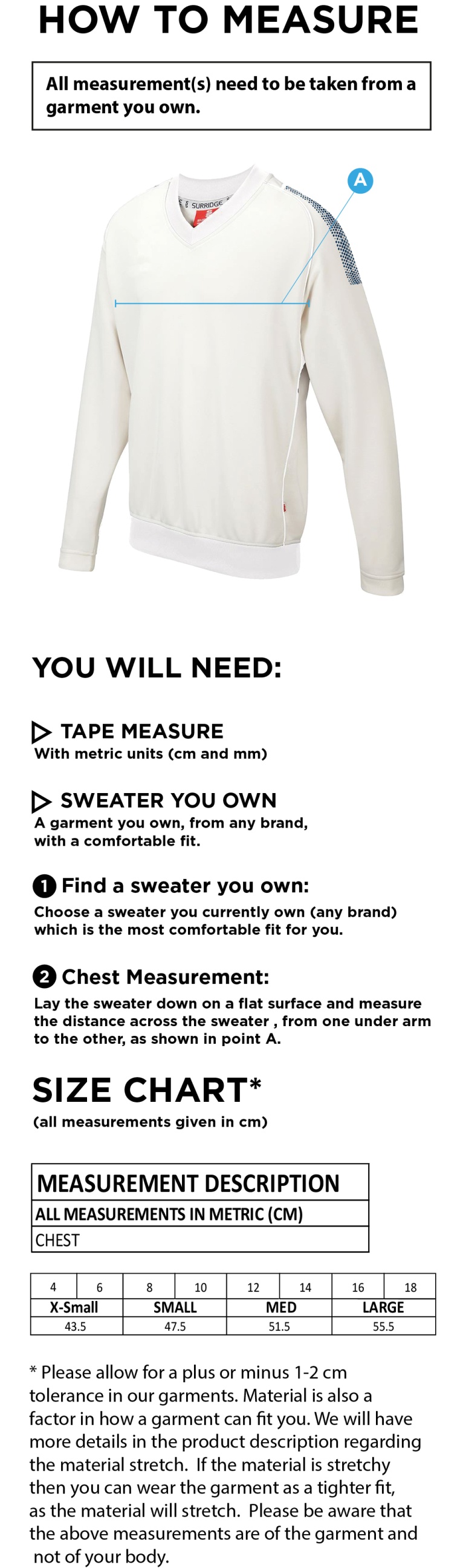 Concorde CC - Blast Long Sleeve Women's Cricket Sweater - Size Guide