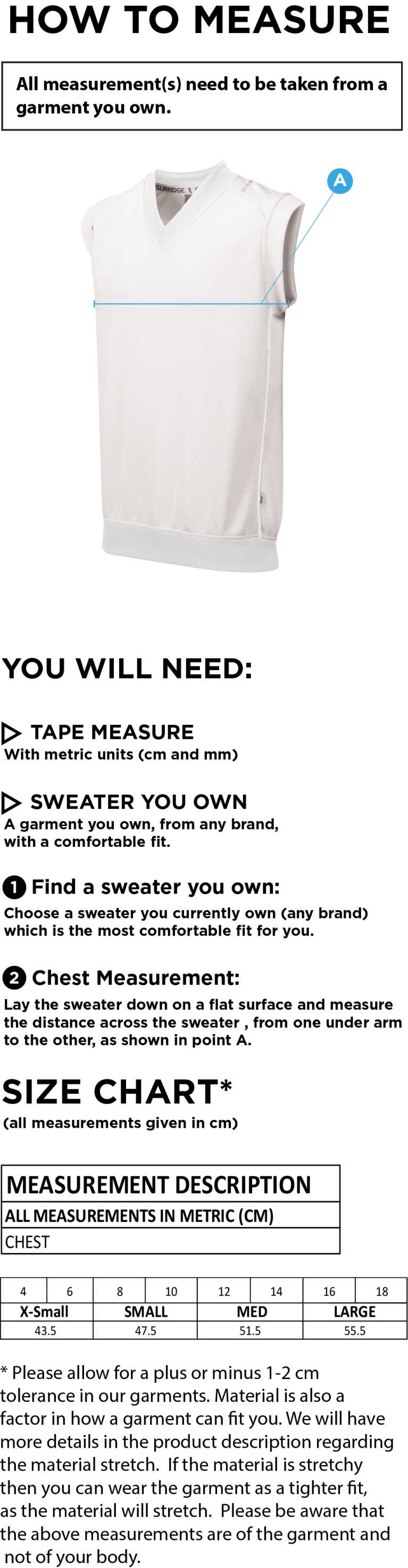 Concorde Blast Sleeveless Women's Cricket Sweater - Size Guide