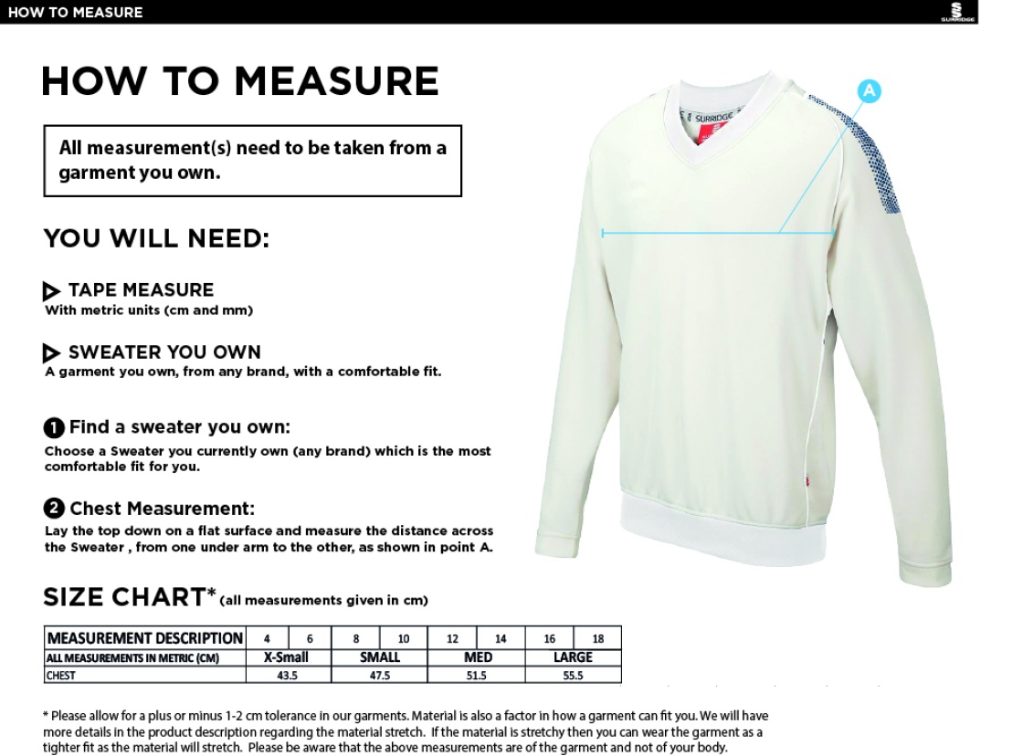 Concorde CC - Blast Long Sleeve Women's Cricket Sweater - Size Guide